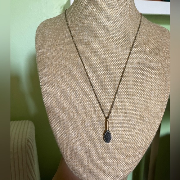 Beautiful gold necklace with marquise cut black obsidian pendant & white stones - Picture 1 of 6